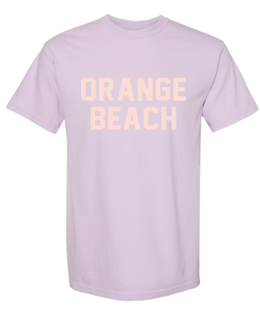 Light purple YOUTH t-shirt with 'Orange Beach' text on a white background