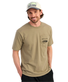 Man wearing a khaki t-shirt with a logo on a white background