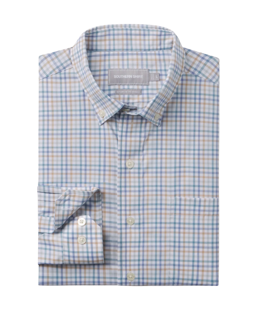 Folded checkered shirt with brand label on a white background