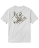 White t-shirt with a camo duck graphic design of a bird on a white background
