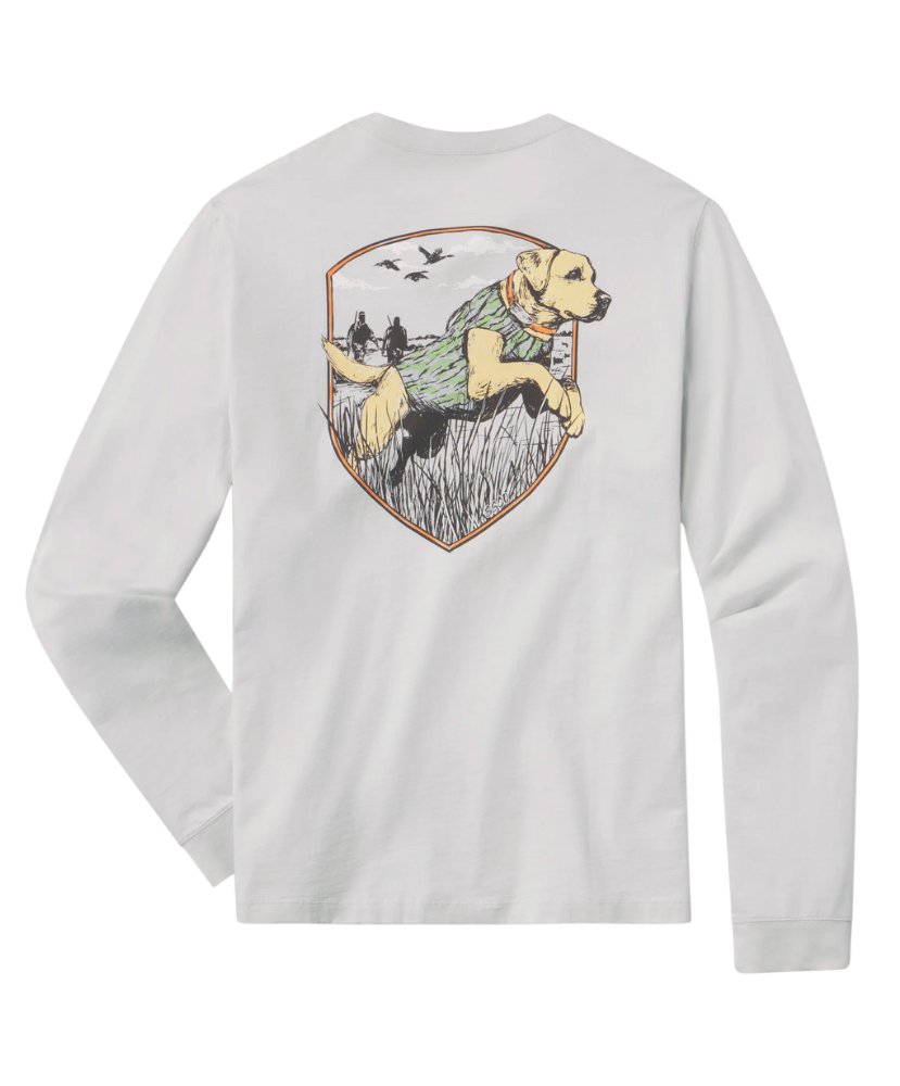 White long-sleeve shirt with a dog graphic on the back against a white background