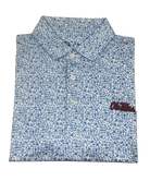 Folded blue and white patterned shirt with 'Old Miss' logo on a white background