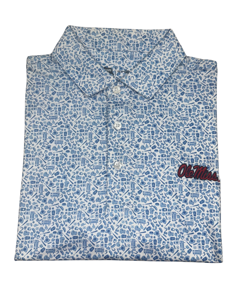 Folded blue and white patterned shirt with 'Old Miss' logo on a white background