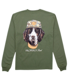 Green long-sleeve shirt with a dog graphic and 'Properly Tied' text on the back.