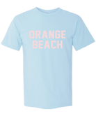 Light blue t-shirt with 'Orange Beach' text in pink on a white background