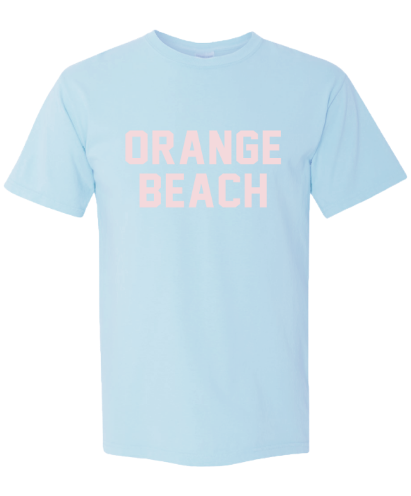 Light blue t-shirt with 'Orange Beach' text in pink on a white background