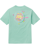 Light green t-shirt with a colorful 'Wakey Wakey' cereal bowl design on the back against a white background