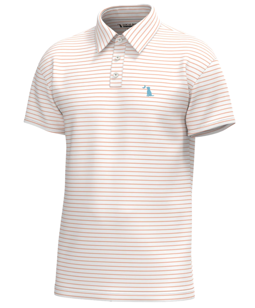 Striped Peach Local Boy Edisto polo shirt with a small logo on a white background