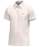 Striped Peach Local Boy Edisto polo shirt with a small logo on a white background