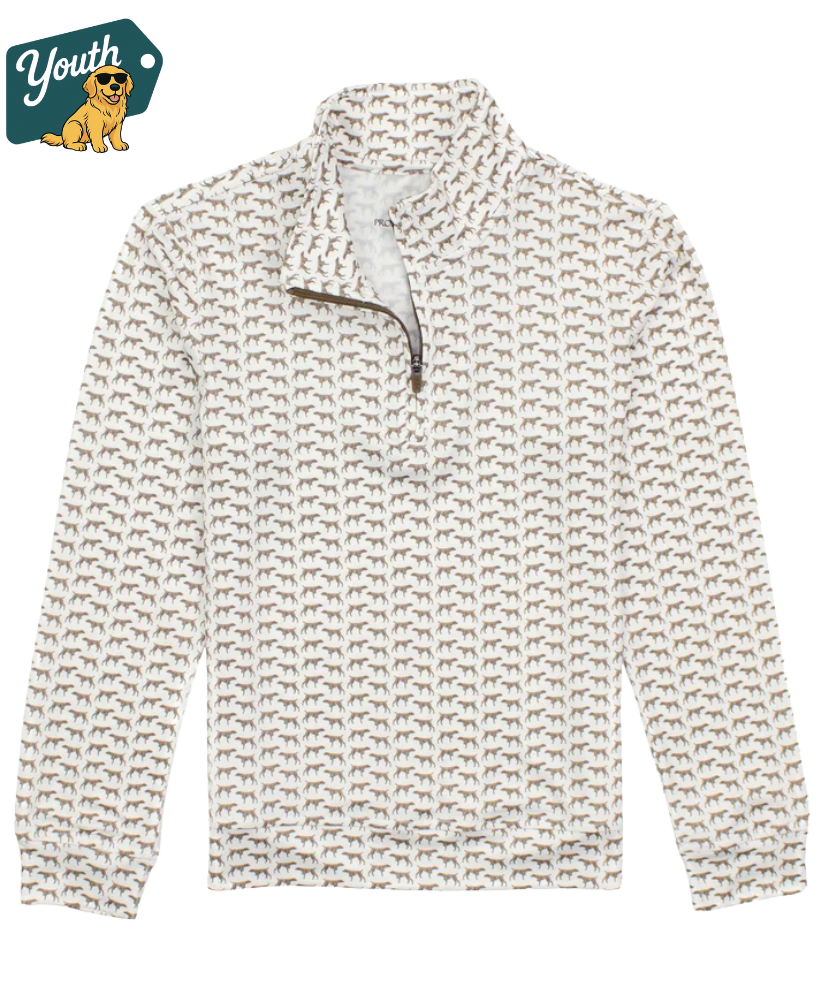 Youth pullover with a dog print. Youth quarter-zip.