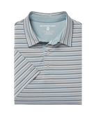 Folded blue and gray and purple striped polo shirt with Southern Shirt label on a white background
