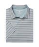 Folded blue and gray and purple striped polo shirt with Southern Shirt label on a white background