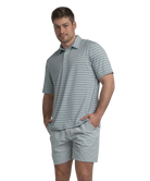Man wearing a gray, blue, and purple striped polo shirt and shorts on a white background