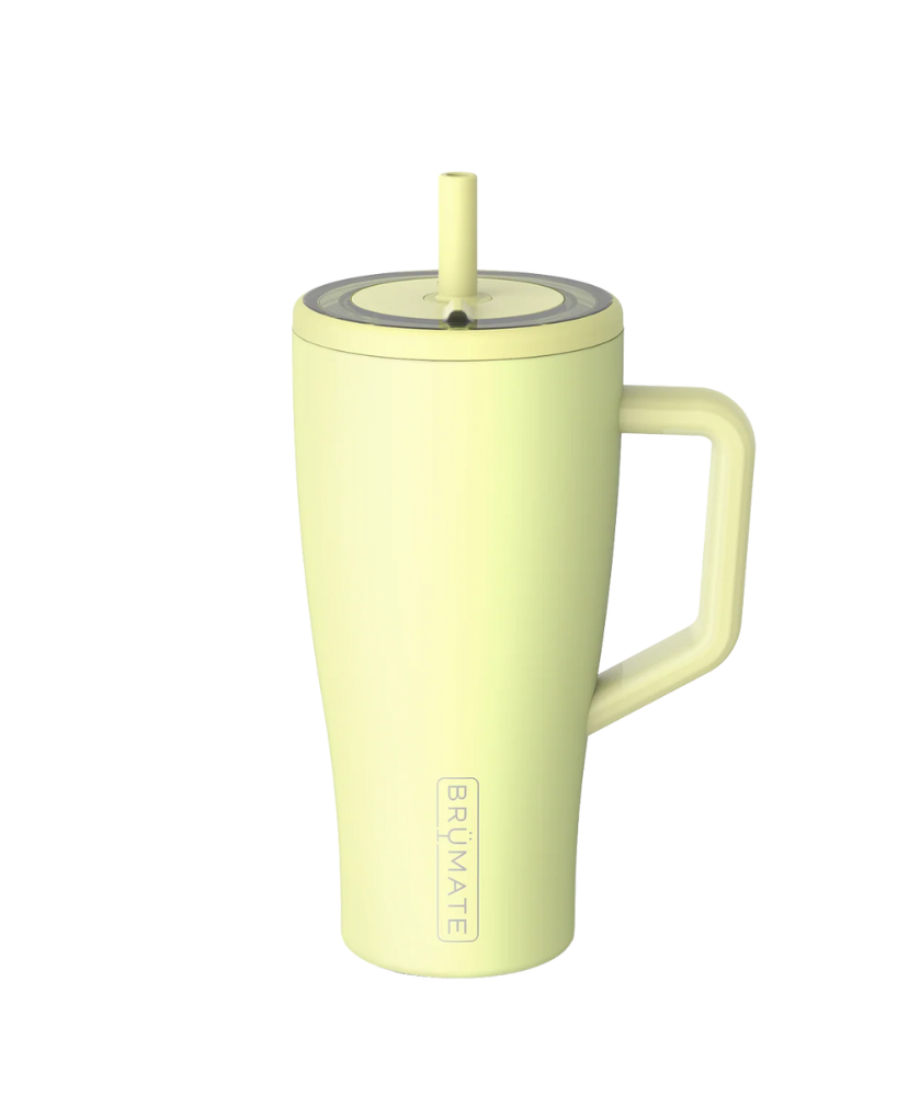 Yellow mug with handle and straw lid on a white background