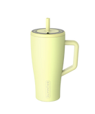 Yellow mug with handle and straw lid on a white background