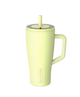 Yellow mug with handle and straw lid on a white background