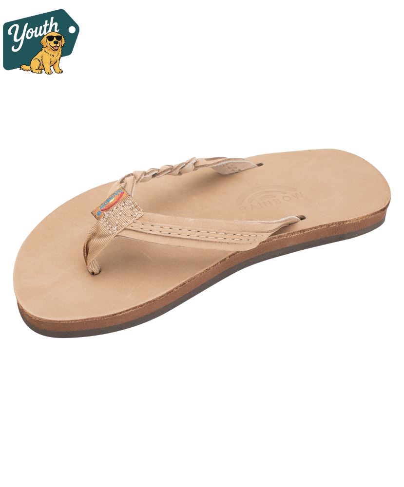 Kid's Rainbow Sandals Beige sandal on a white background with 'Youth' logo in the corner.