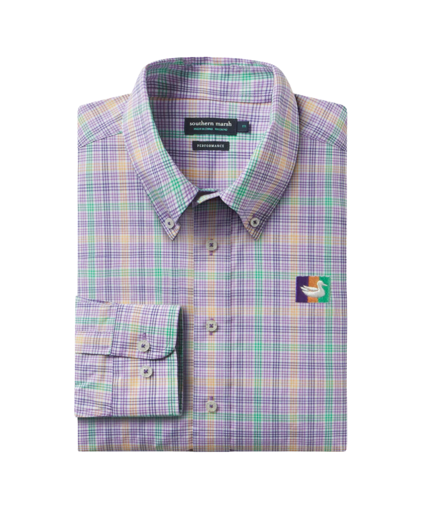 MARDI GRAS Plaid dress shirt with a logo on a white background