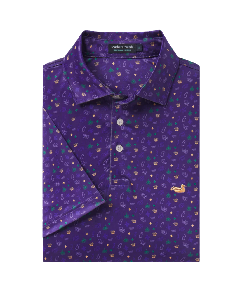 Purple MArdi Gras patterned shirt with collar on a white background