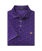 Purple MArdi Gras patterned shirt with collar on a white background