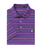Purple Mardi Gras striped polo shirt with a brand label on a white background