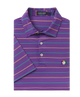 Purple Mardi Gras striped polo shirt with a brand label on a white background
