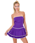 Woman wearing a purple strapless dress with white trim on a white background