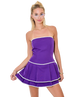 Woman wearing a purple strapless dress with white trim on a white background