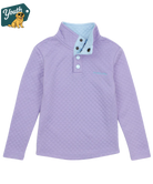 Youth Girl's purple quilted jacket made by Properly Tied with a white collar on a white background, featuring a 'Youth' logo with a dog graphic.