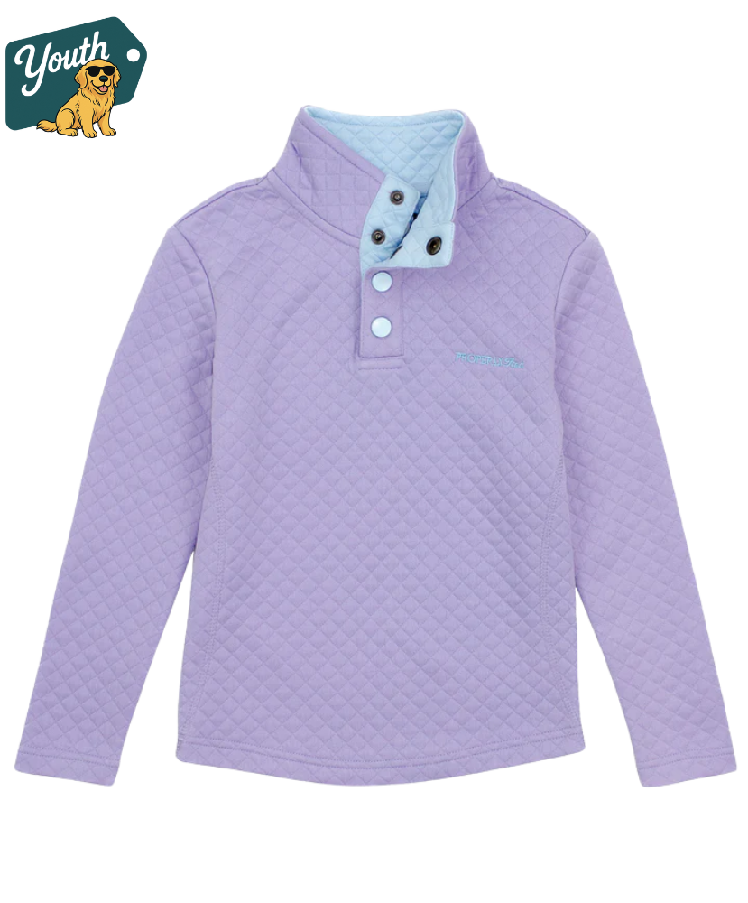 Youth Girl's purple quilted jacket made by Properly Tied with a white collar on a white background, featuring a 'Youth' logo with a dog graphic.