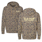 Camouflage hoodie with 'Old Row Outdoors' branding on a white background