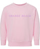 A green toddler crewneck sweatshirt with 'ORANGE BEACH' text printed on the front.