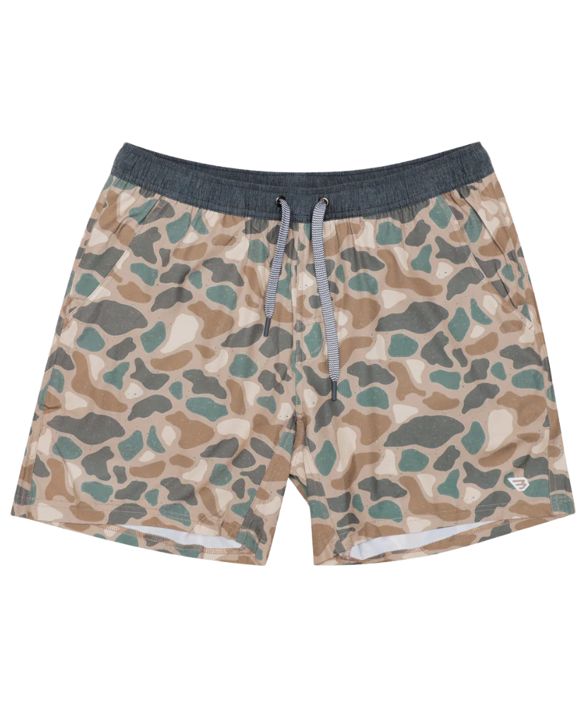 Camouflage athletic shorts with a drawstring on a white background