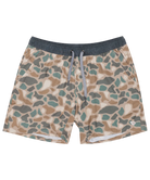Camouflage athletic shorts with a drawstring on a white background