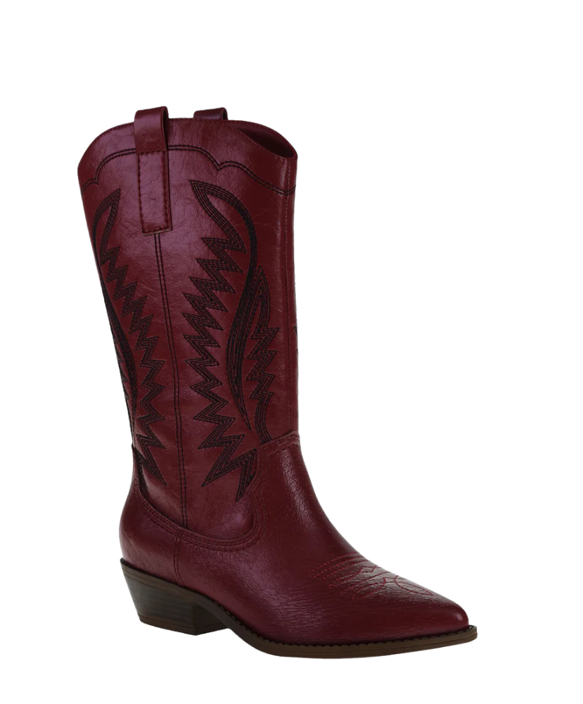 Red cowboy boot with intricate design on a white background