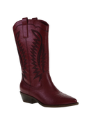 Red cowboy boot with intricate design on a white background
