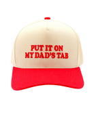 Beige and red cap with text 'PUT IT ON MY DAD'S TAB' on a white background