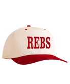 Beige and red cap with 'REBS' text on a white background