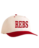Beige and red cap with 'REBS' text on a white background