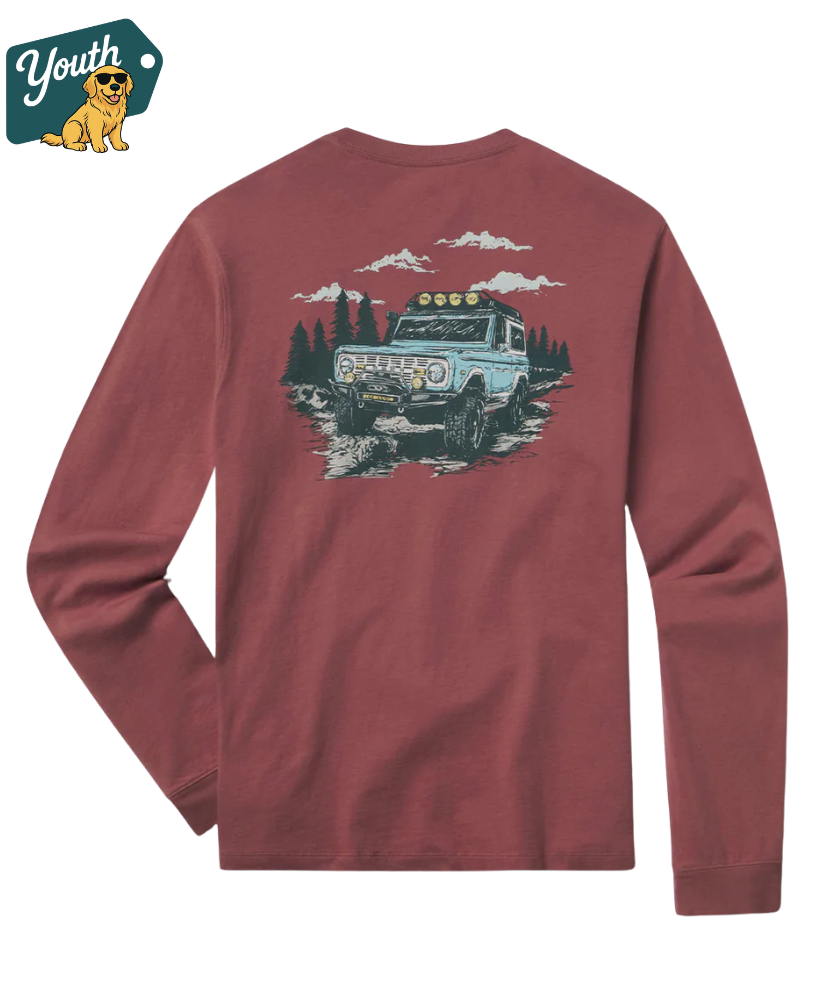 Maroon long-sleeve shirt with graphic of a vintage truck and trees on a white background, featuring the 'Youth' brand logo.