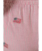 Person wearing red striped shorts with American flags on a white background