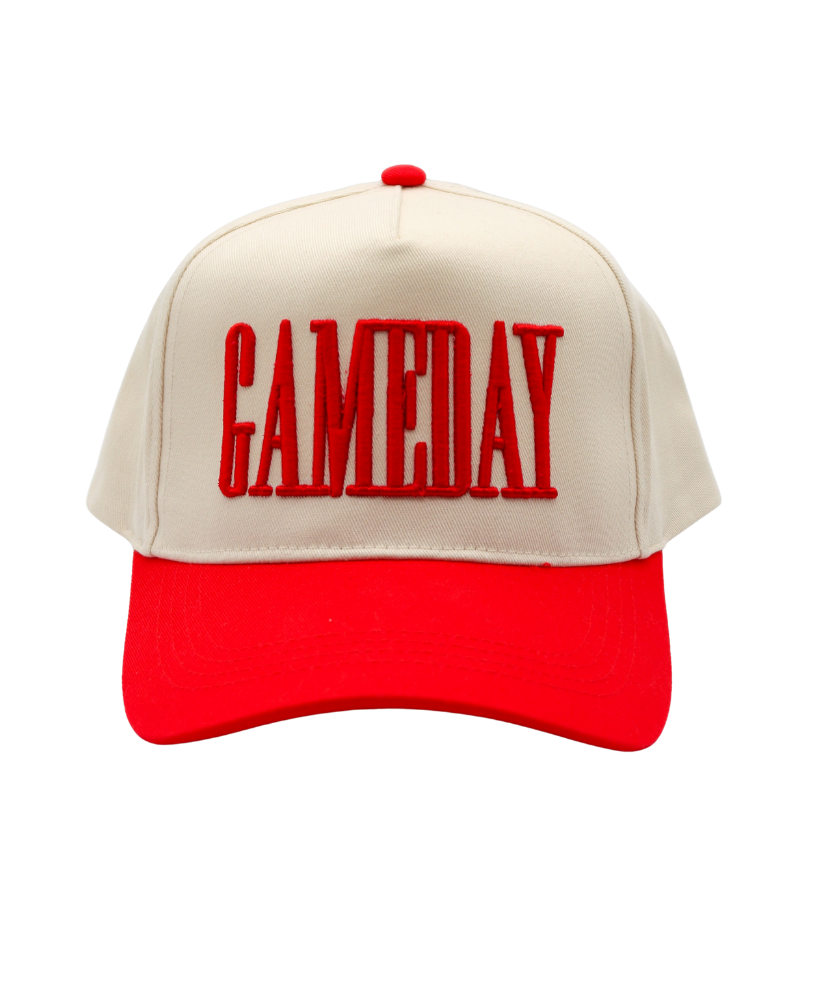 Beige and red cap with 'GAMEDAY' text on a white background