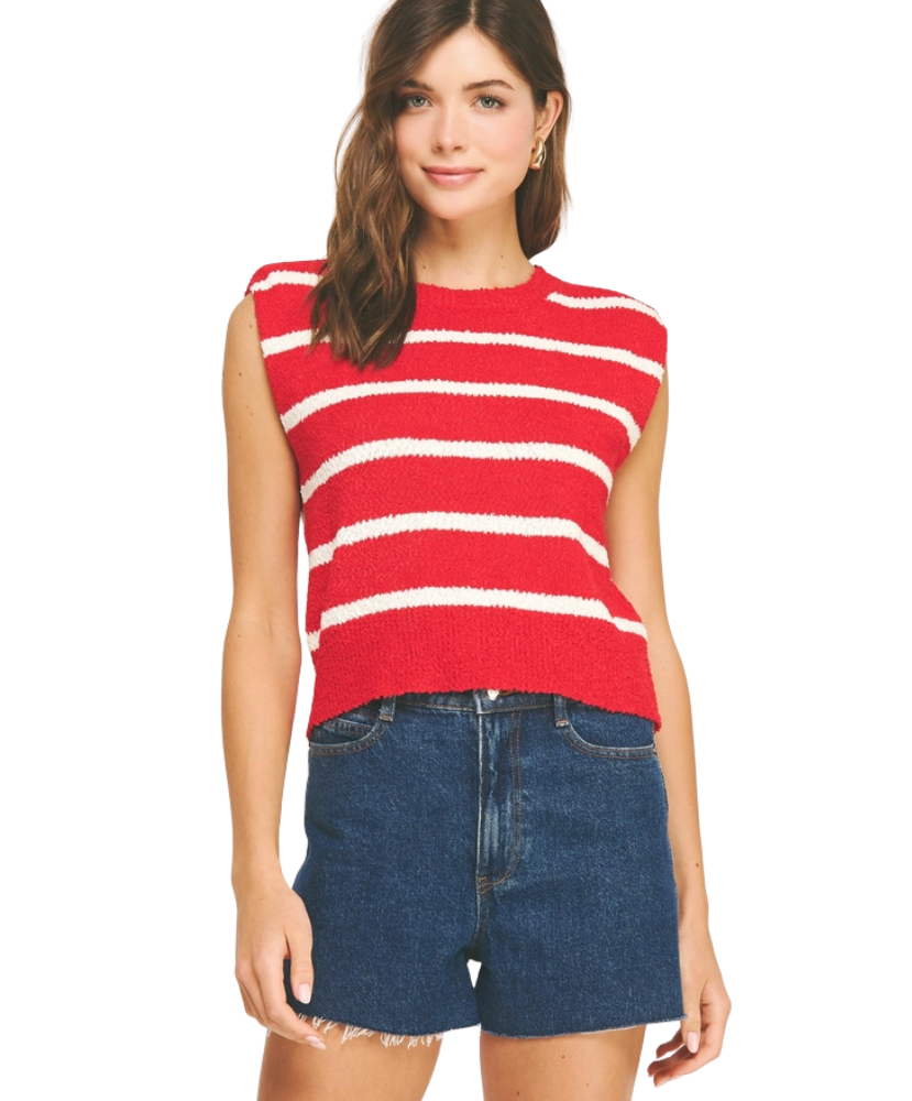 Sadie Shoulder Pad Sleeveless Striped Sweater