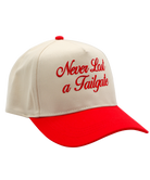 Beige and red cap with 'Never Last a Tailgate' text on a white background