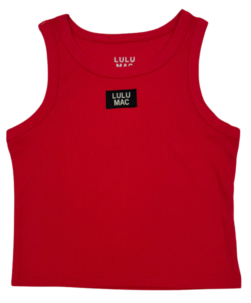 Red tank top with 'LULU MAC' branding on a white background