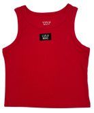 Red tank top with 'LULU MAC' branding on a white background