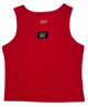 Red tank top with 'LULU MAC' branding on a white background