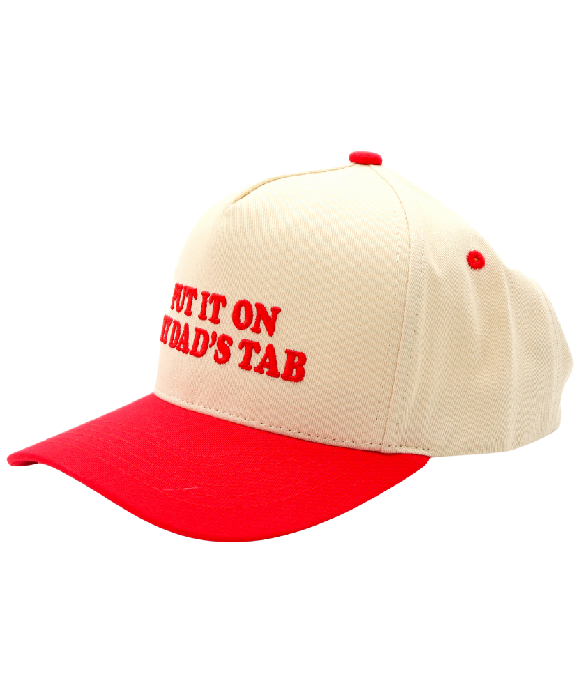 Beige and red cap with text on a white background