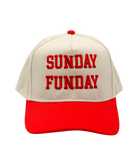 Beige and red cap with 'SUNDAY FUNDAY' text on a white background