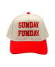 Beige and red cap with 'SUNDAY FUNDAY' text on a white background